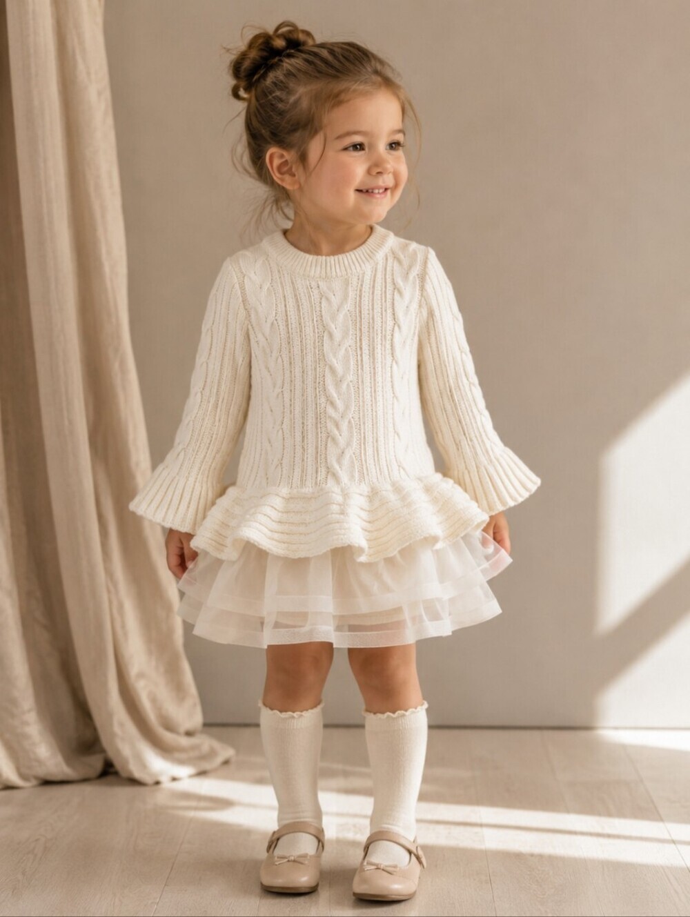 Iris & Ivy White Knit Peplum Sweater DRESS With Tulle Detail